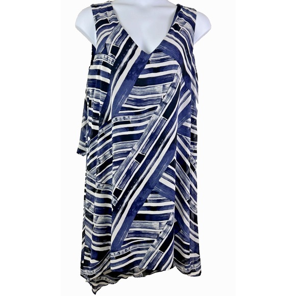 Dana‎ Buchman Dress Women's 16 Abstract Blue White Sundress Asymmetrical Hem - Picture 1 of 13